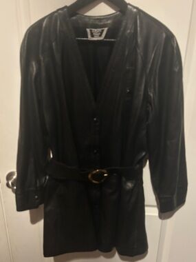 Black Leather Belted Jacket with Gold Ring Accent vintage